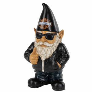 Gnome figurine with Harley-Davidson hat and leather jacket on a white background
