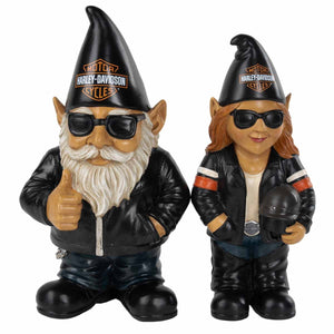 Two gnomes wearing Harley-Davidson hats and leather jackets on a white background