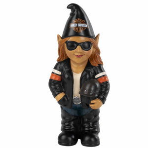 Gnome figurine wearing a Harley-Davidson hat and leather jacket on a white background