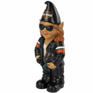 Gnome figurine wearing a leather jacket and sunglasses with a visible brand logo on a white background