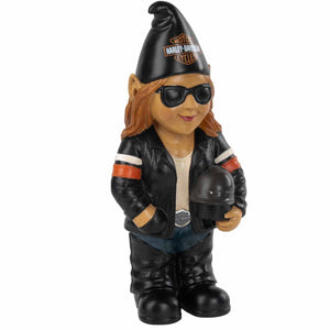 Gnome figurine wearing a Harley-Davidson cap and leather jacket on a white background