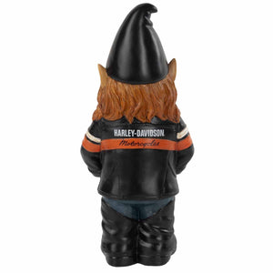 Gnome figurine wearing a Harley-Davidson jacket on a white background