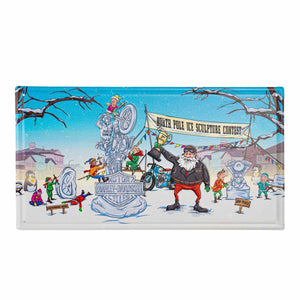 A rectangular printed metal plaque with rounded corners, featuring a colorful winter scene. The artwork shows an ice sculpture contest at the North Pole, with a large silver ice sculpture in the center, a banner reading "NORTH POLY ICE SCULPTURE CONTEST," and several cartoon people in winter clothing around it.