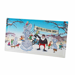 A rectangular glossy sign featuring a colorful winter cartoon illustration with a figure in a black Santa-style coat and red pants, alongside a motorcycle and a banner reading '2013 Pole Ice Sculpture Contest.' The sign is photographed on a plain white background.
