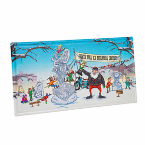 A rectangular white board or plaque featuring a colorful winter cartoon scene with children ice skating, a pole sculpture contest banner, snow, and a Harley-Davidson logo in the center, photographed on a plain white background.