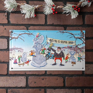 A rectangular metal tin sign with rounded corners featuring a colorful winter cartoon scene, mounted on a red brick wall beneath a white and red garland.