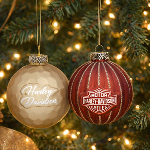 Harley-Davidson Christmas Vintage Sheer & Honeycomb Pattern 3" Hanging Ball Ornament Set, Gold/Red HDX-99410