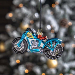 Harley-Davidson Christmas 1930s' Hillclimber Motorcycle Blown Glass Hanging Ornament, Blue HDX-99416