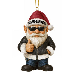 Gnome ornament wearing a Harley Davidson hat, leather jacket, and sunglasses on a white background