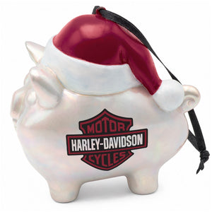 Harley-Davidson piggy bank with a Santa hat on a white background