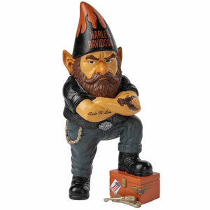 Harley Davidson-themed gnome figurine with a black hat and leather jacket on a white background