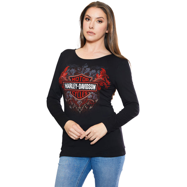 Harley-Davidson Women's Blood Moon Bar & Shield Long Sleeve Open Back Shirt, Black HT4792BLK