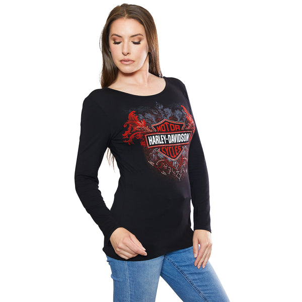 Harley-Davidson Women's Blood Moon Bar & Shield Long Sleeve Open Back Shirt, Black HT4792BLK