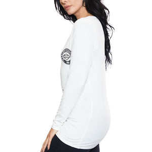 Harley-Davidson Women's Classic Patch Bar & Shield V-Neck Long Sleeve Shirt, White HT4794IVY