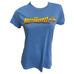 Blue t-shirt with '2025 Biketoberfest' and Harley-Davidson logo on a white background