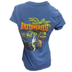 Blue t-shirt with 'Biketoberfest' graphic design on a white background