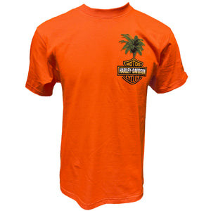 Orange t-shirt with Harley-Davidson logo featuring a palm tree on a white background