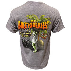 Gray t-shirt with '2025 Biketoberfest' graphic featuring palm trees and a motorcycle on a white background.