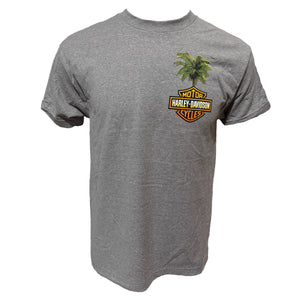 Gray t-shirt with Harley-Davidson logo and palm tree design on a white background