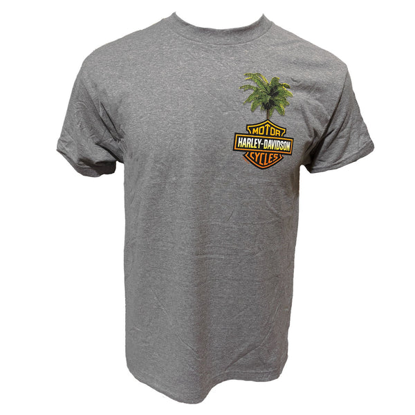 Gray t-shirt with Harley-Davidson logo and palm tree design on a white background