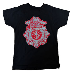 Black t-shirt with red and white Harley Davidson Firefighter logo on a white background