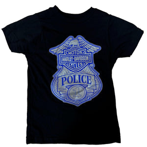 Black t-shirt with blue Harley-Davidson Police logo on a white background