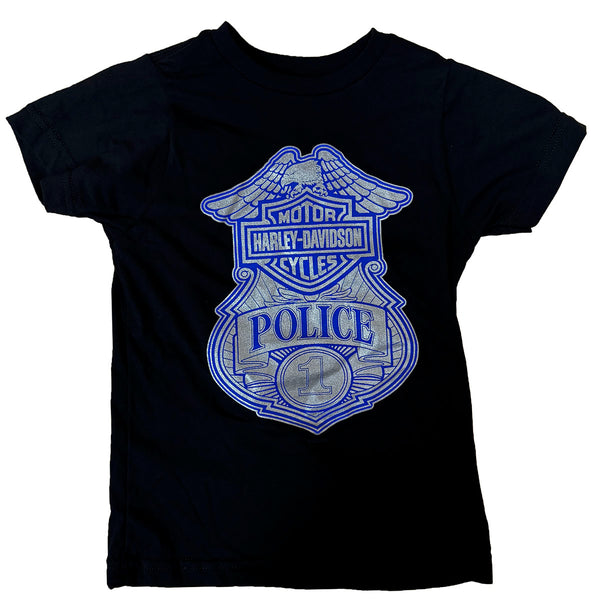 Black t-shirt with blue Harley-Davidson Police logo on a white background