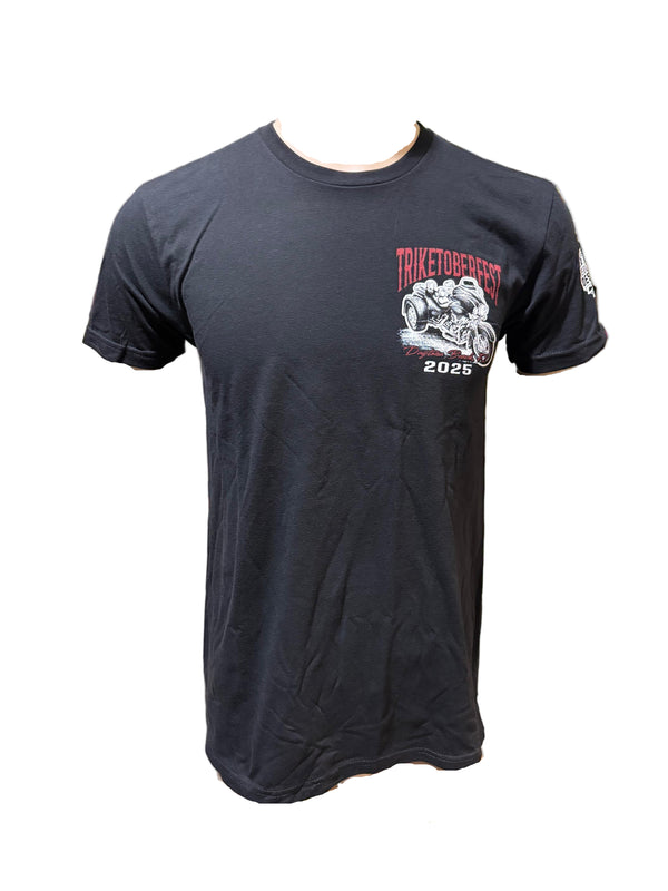 Black t-shirt with red and white graphic on a mannequin in a warehouse setting