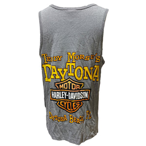 Gray sleeveless shirt with yellow and orange text and graphics on a white background