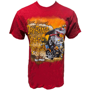Red t-shirt with a graphic design featuring a motorcycle and text on a white background