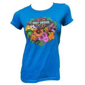 Blue t-shirt with colorful floral design and Harley-Davidson logo on a white background
