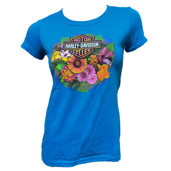Blue t-shirt with colorful floral design and Harley-Davidson logo on a white background