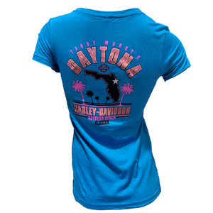 Blue t-shirt with Daytona Harley-Davidson graphic on a white background