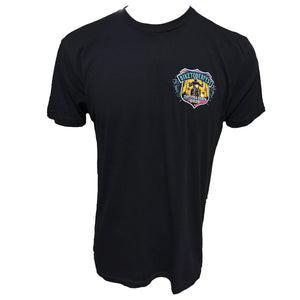 Black t-shirt with a colorful logo on the chest against a white background