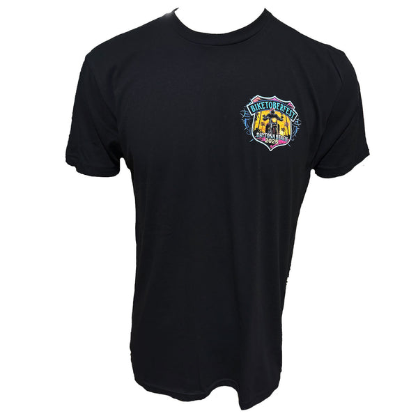 Black t-shirt with a colorful logo on the chest against a white background