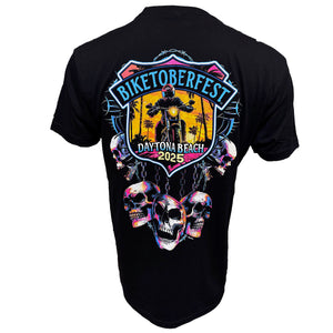 Black t-shirt with 'Biketoberfest Daytona Beach 2025' graphic design on a white background