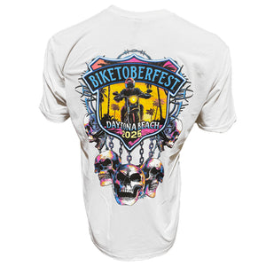 White t-shirt with colorful 'Biketoberfest Daytona Beach 2025' graphic on the back