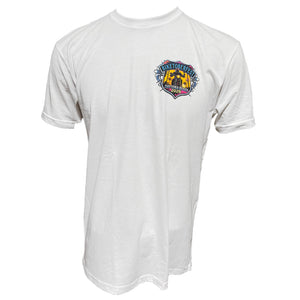 White t-shirt with a colorful logo on a white background