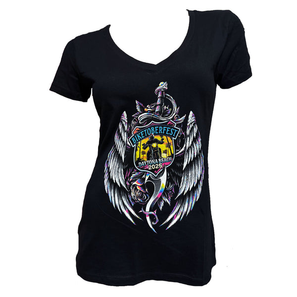 Daytona Beach Biketoberfest 2025 Women's Daggered Wings Official Logo Short Sleeve Shirt, Black