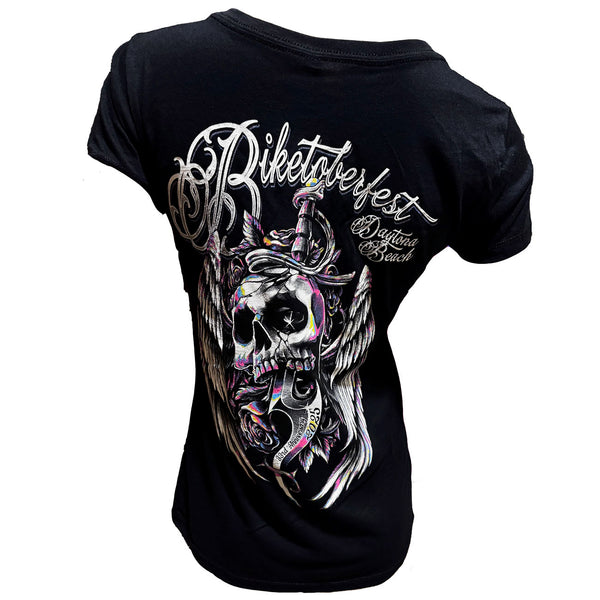Daytona Beach Biketoberfest 2025 Women's Daggered Wings Official Logo Short Sleeve Shirt, Black