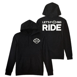 Black hoodie with 'Let's F***ing Ride' text on the back, displayed from front and back views.