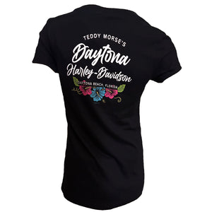 Black t-shirt with 'Daytona Harley-Davidson' text and floral designs on a white background
