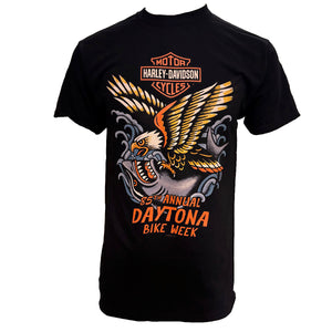 Black t-shirt with Harley-Davidson logo and eagle design on a white background