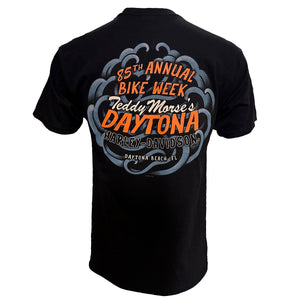 Black t-shirt with '85th Annual Bike Week Teddy Morse's Daytona Harley-Davidson' text on the back.