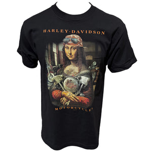 Black t-shirt with Mona Lisa graphic wearing a Harley-Davidson helmet and goggles, on a white background.
