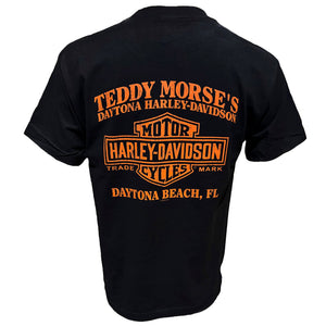 Black t-shirt with orange text and Harley-Davidson logo on a white background