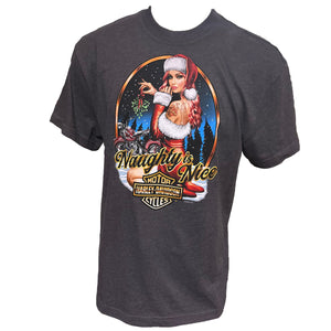 Dark gray t-shirt with a graphic of a woman in a Santa hat and reindeer, with text 'Naughty is Nice' on a white background.