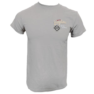 Gray t-shirt with a logo on the chest against a white background