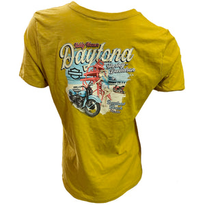 Yellow t-shirt with a graphic design on a white background