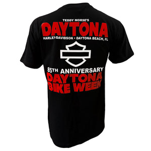 Black t-shirt with Daytona Harley-Davidson branding and text on a white background